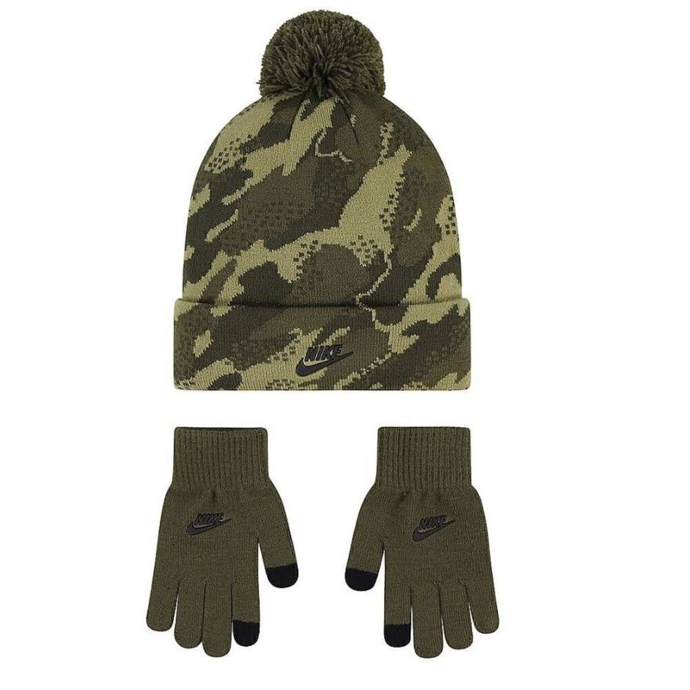 Nike Boys Camo Pom Beanie Hat and Glove Set -E